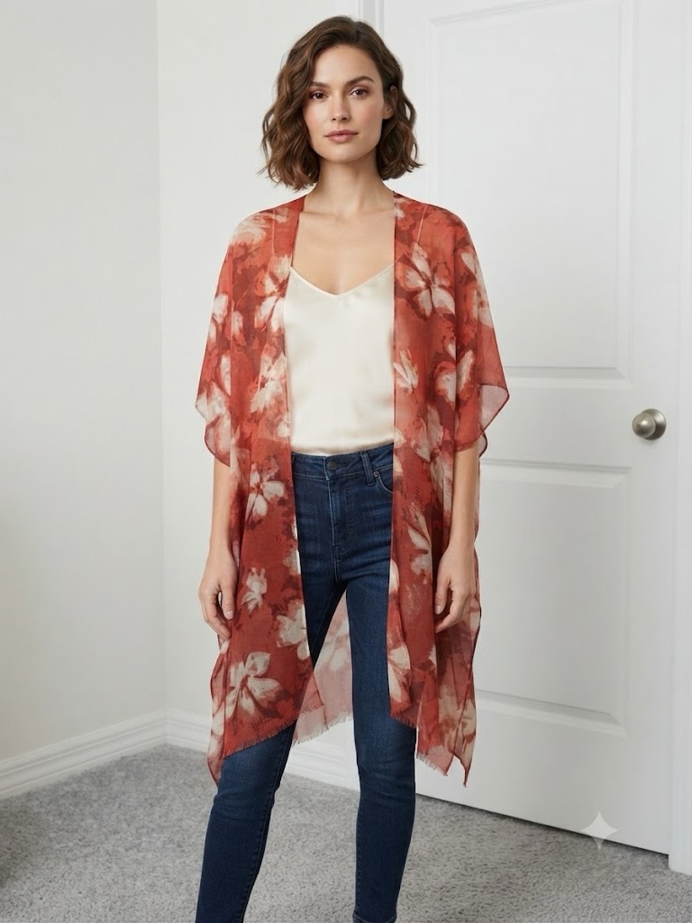 Woven Heart Rust Floral Sheer Kimono Wrap